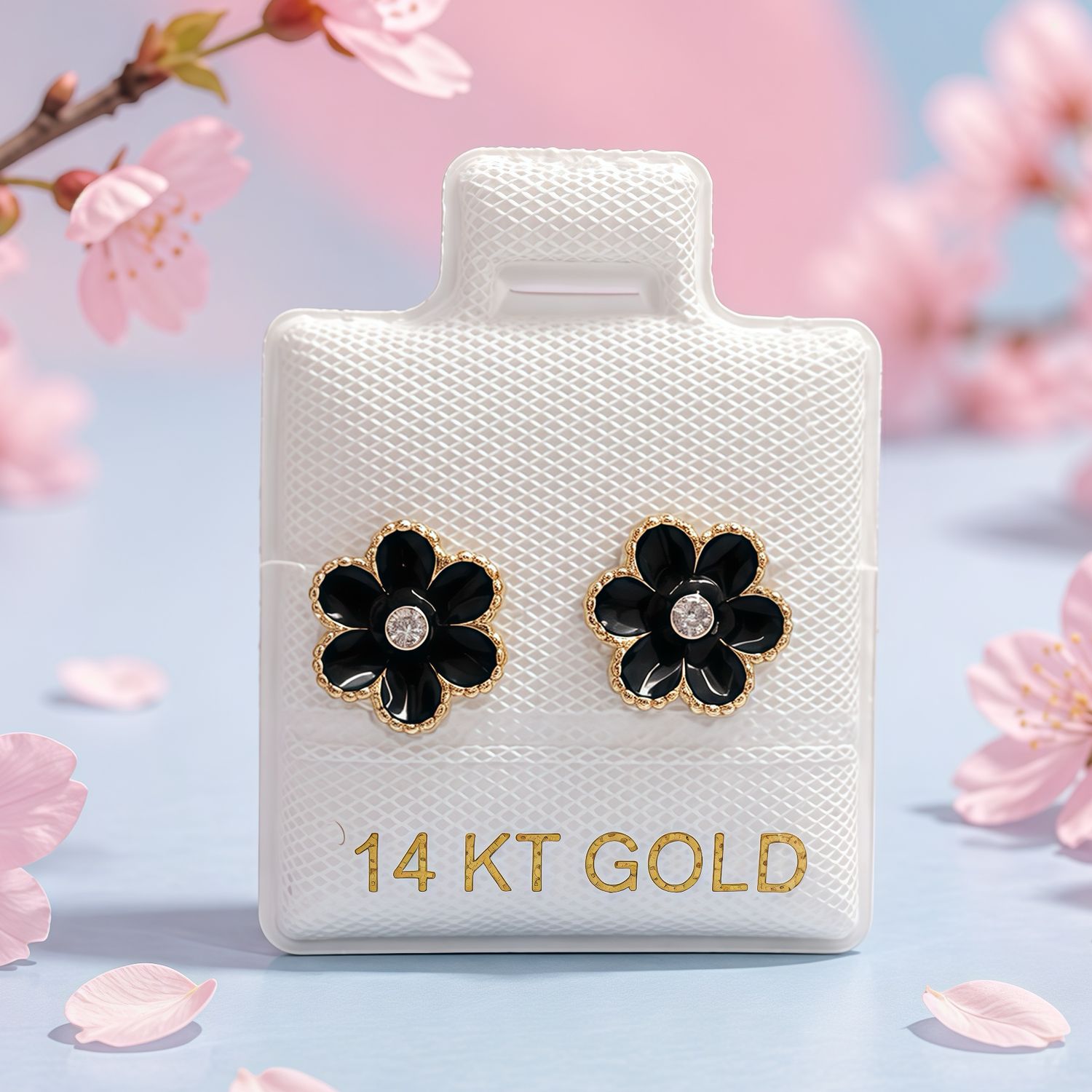Broquel Flor Esmalte Negro 8.5mm Oro 14K MX