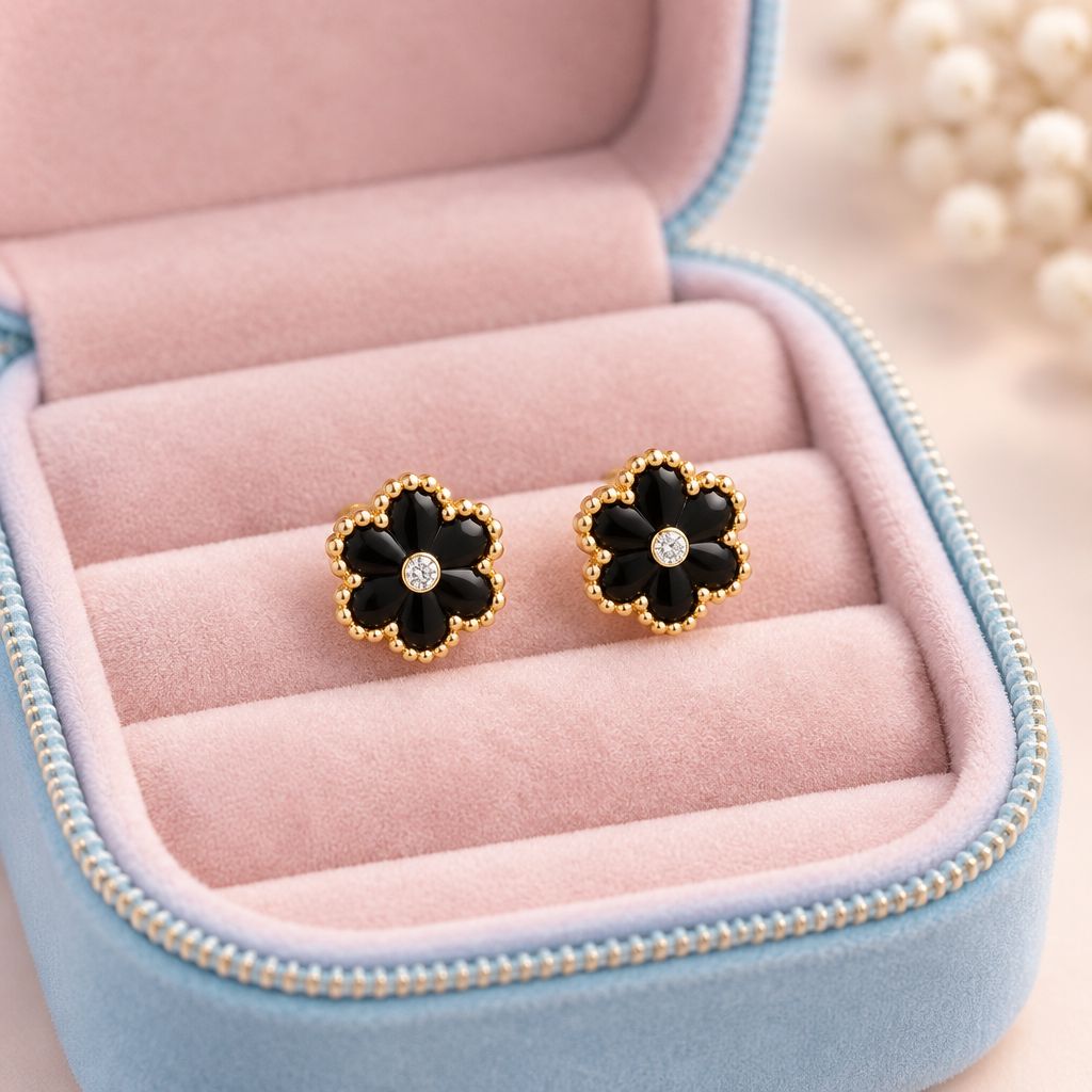 Broquel Flor Esmalte Negro 8.5mm Oro 14K MX