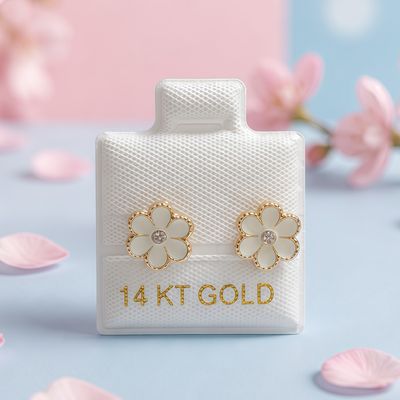 Broquel Flor Esmalte Blanca 8.5mm Oro 14K MX