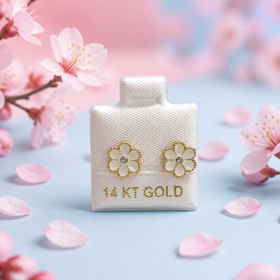 Broquel Flor Esmalte Blanca 8.5mm Oro 14K MX