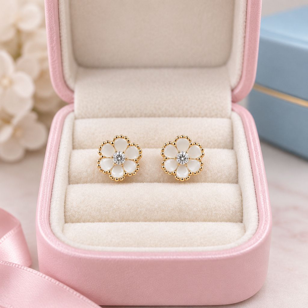 Broquel Flor Esmalte Blanca 8.5mm Oro 14K MX