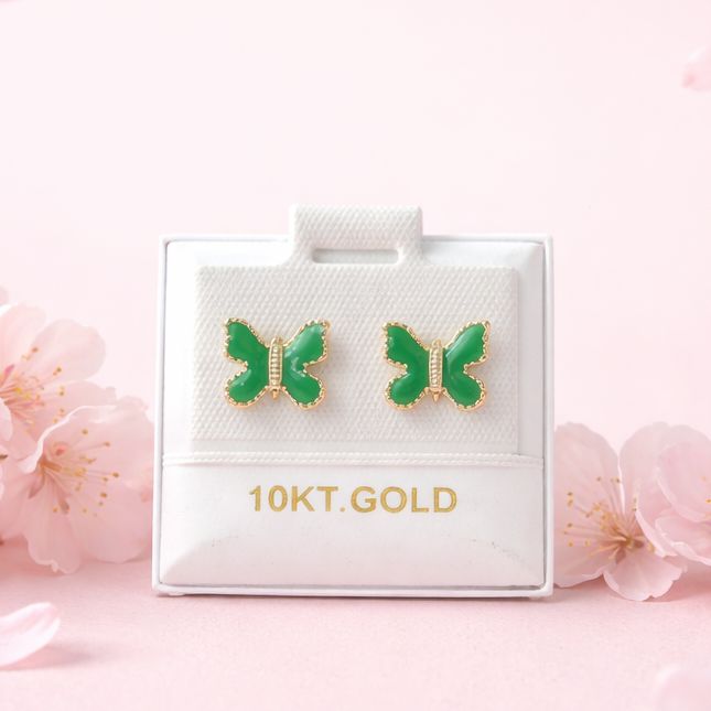 Broquel Mariposa Esmalte Verde mide 9mm Oro 10K