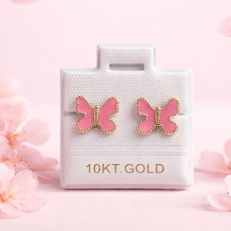 Broquel Mariposa Esmalte Rosa mide 9mm Oro 10K