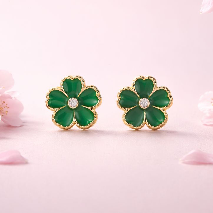 Broquel Flor Esmalte Verde 8.5mm Oro 10K