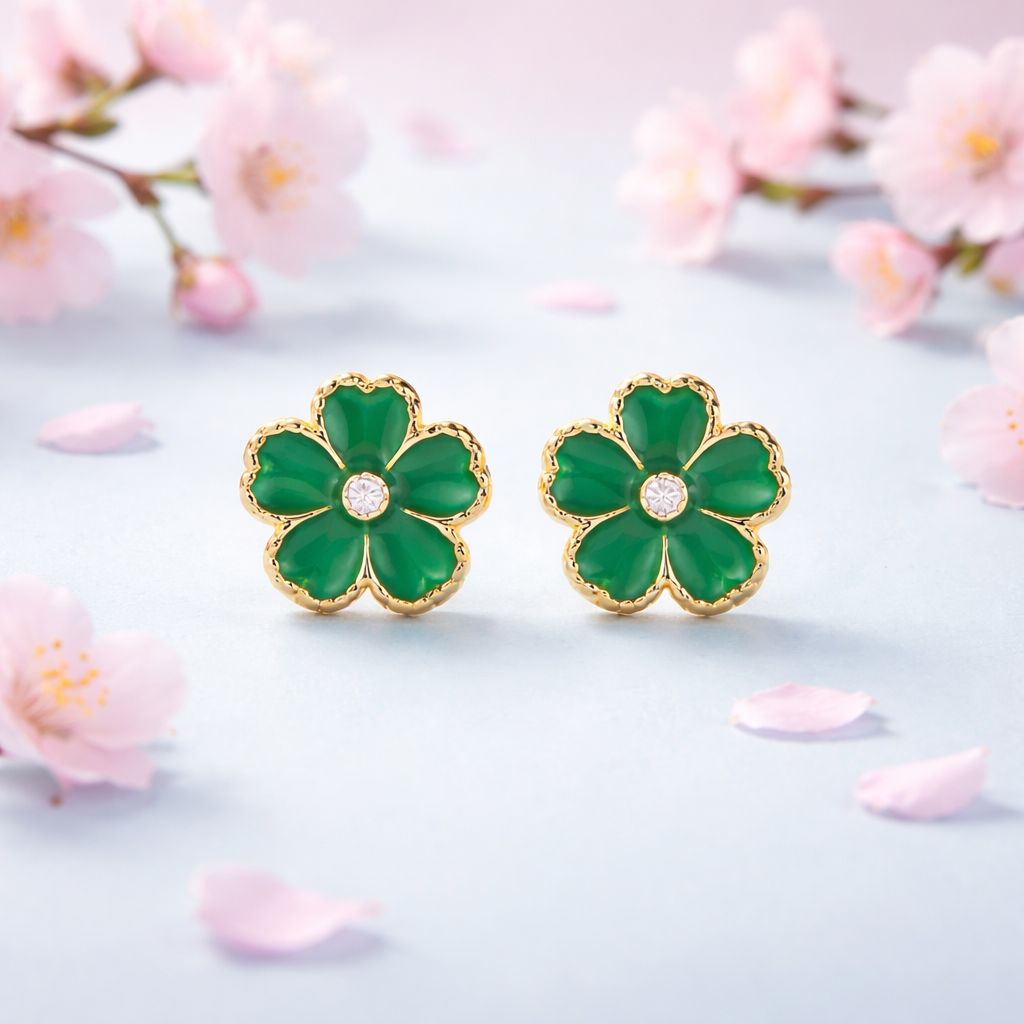 Broquel Flor Esmalte Verde 8.5mm Oro 10K