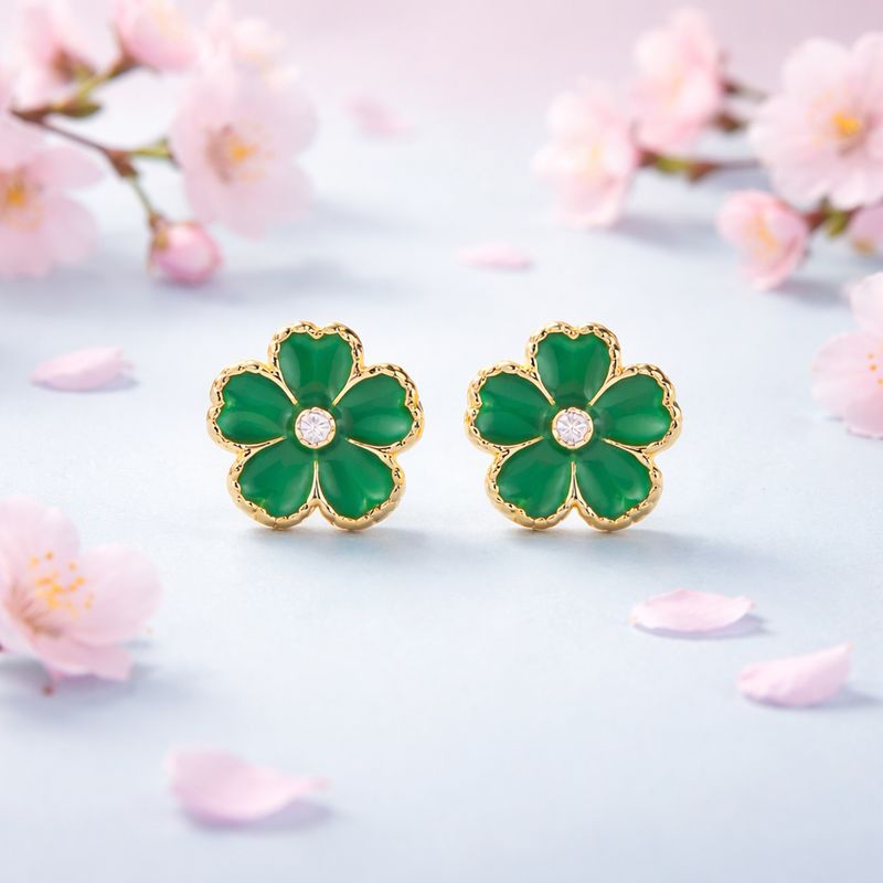 Broquel Flor Esmalte Verde 8.5mm Oro 10K