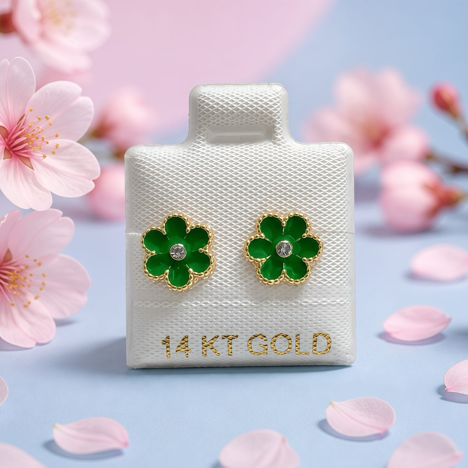 Broquel Flor Esmalte Verde 8.5mm Oro 14K MX