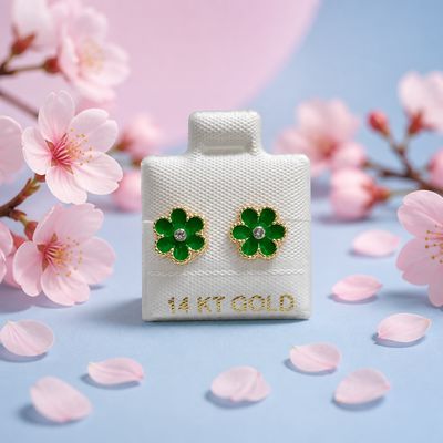 Broquel Flor Esmalte Verde 8.5mm Oro 14K MX