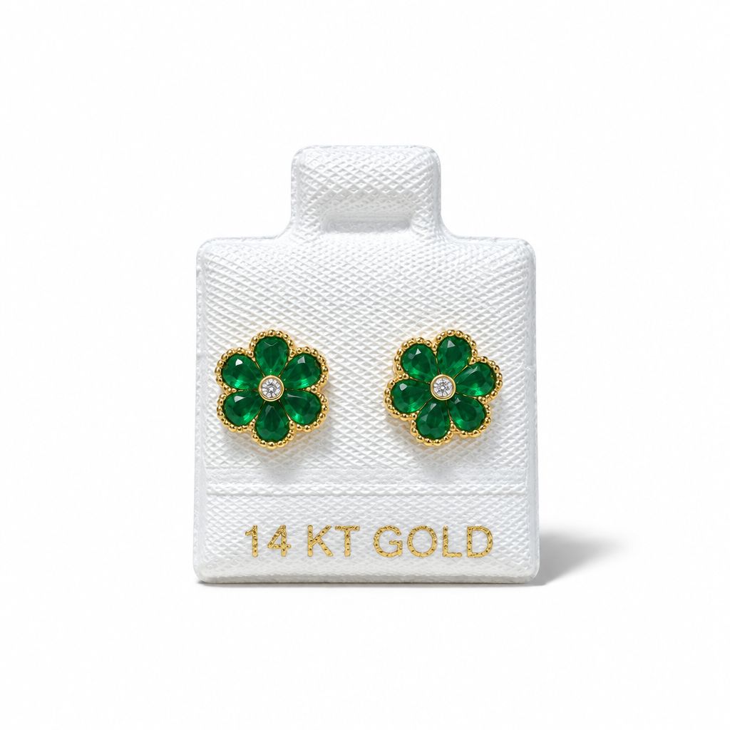 Broquel Flor Esmalte Verde 8.5mm Oro 14K MX