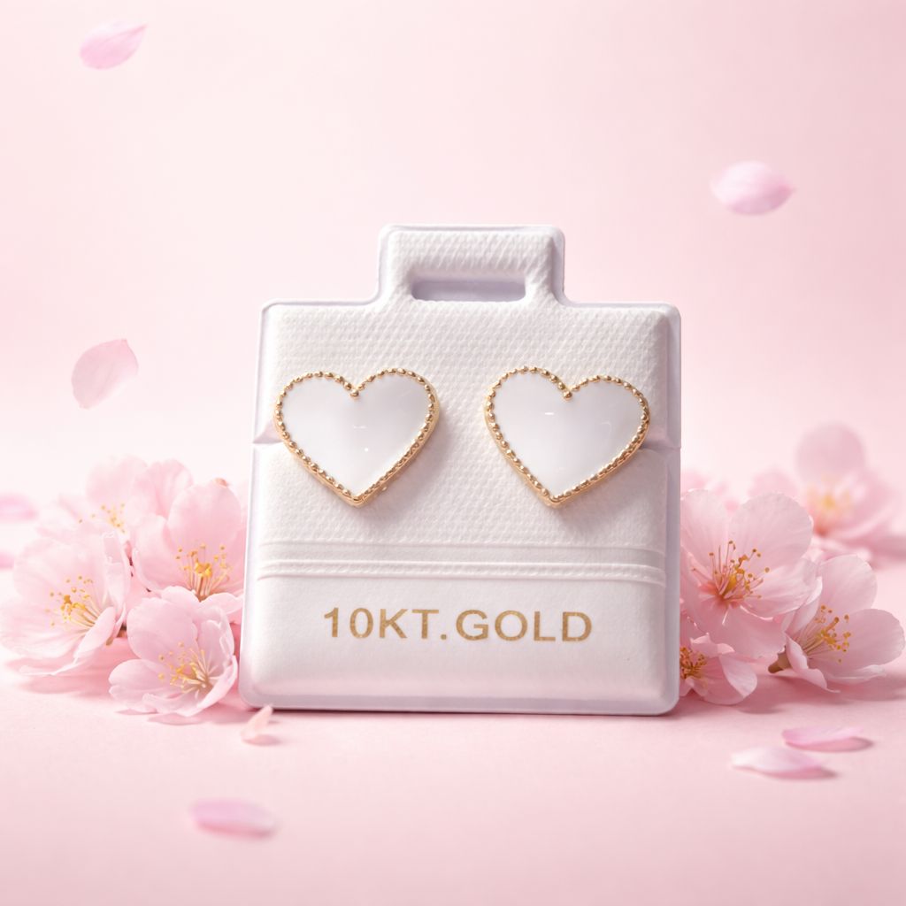 Broquel Corazon Esmaltado Blanco 10mm Oro10K