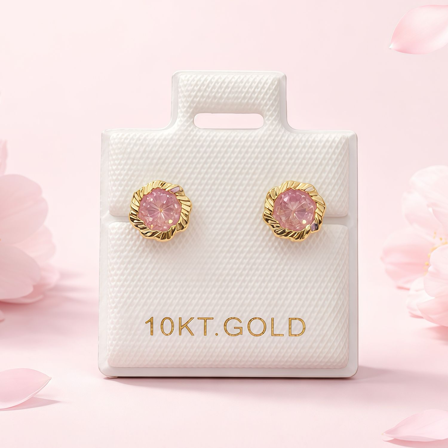 Broquel Flor Bisel Diamantado Rosa 6.5MM Blanco  Oro 10K