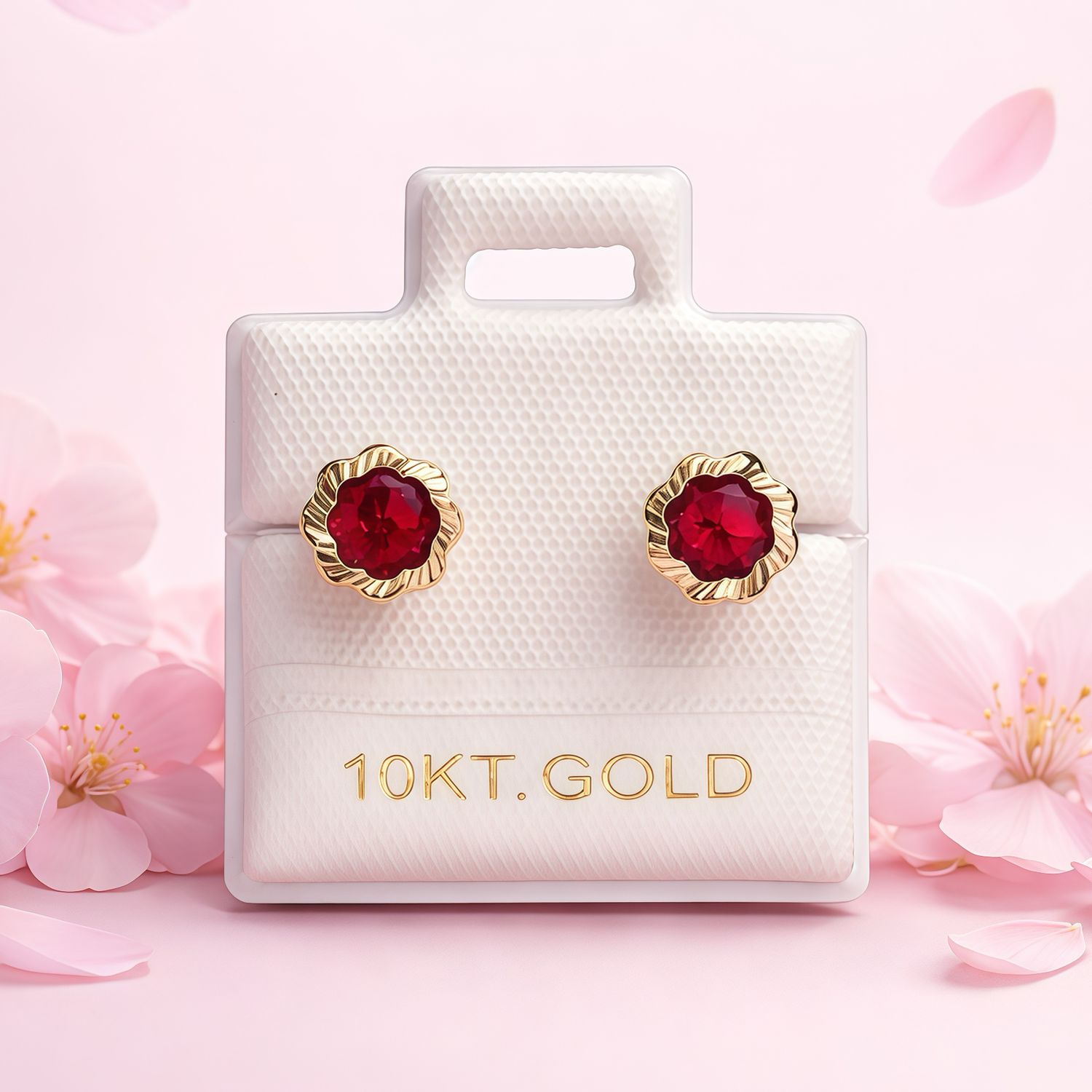 Broquel Flor Bisel Diamantado Rojo 6.5MM Navy  Oro 10K