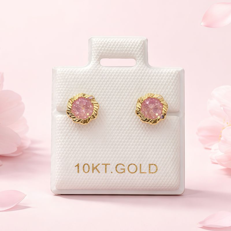 Broquel Flor Bisel Diamantado Rosa  5MM Blanco  Oro 10K