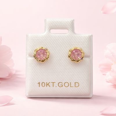 Broquel Flor Bisel Diamantado Rosa  5MM Blanco  Oro 10K
