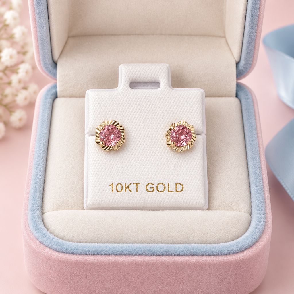 Broquel Flor Bisel Diamantado Rosa  5MM Blanco  Oro 10K