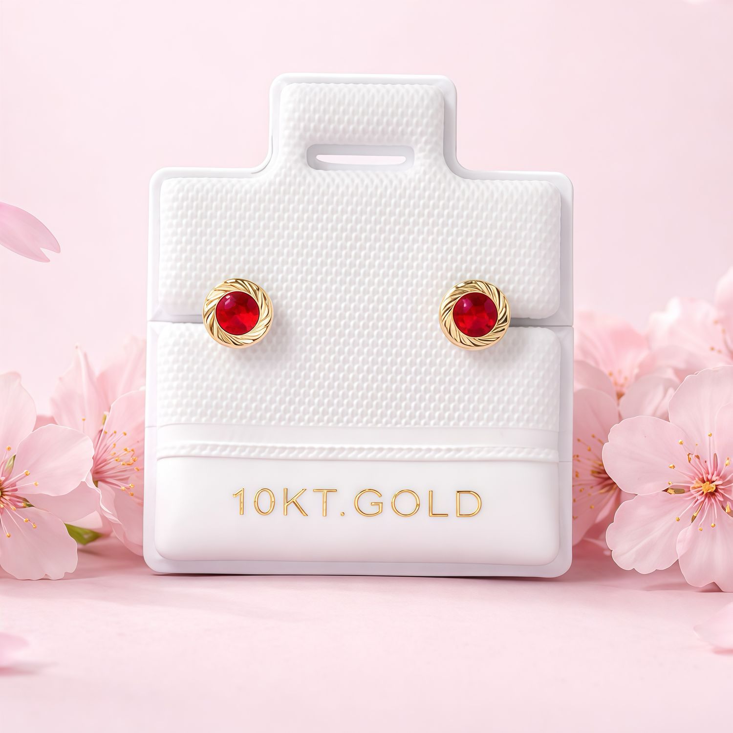 Broquel Flor Bisel Diamantado Rojo 6.5MM Blanco  Oro 10K