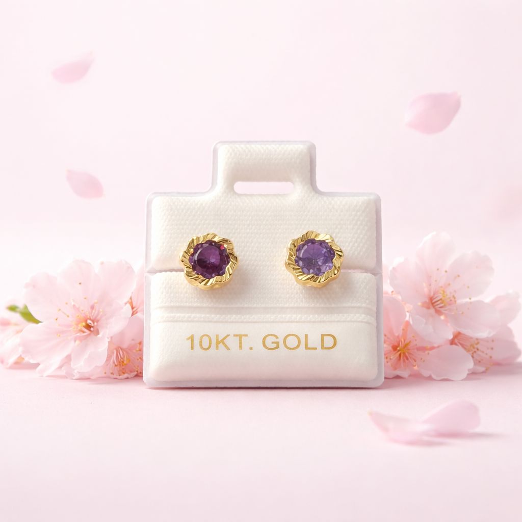 Broquel Flor Bisel Diamantado Morado 6.5MM  Oro 10K