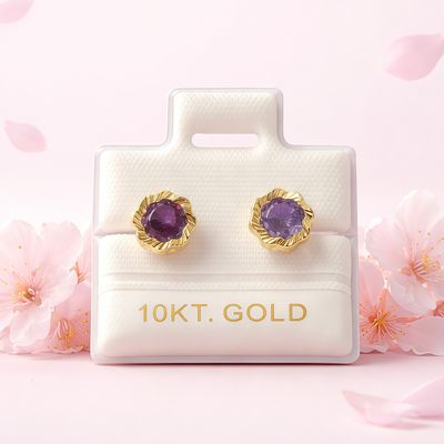Broquel Flor Bisel Diamantado Morado 5MM Blanco  Oro 10K