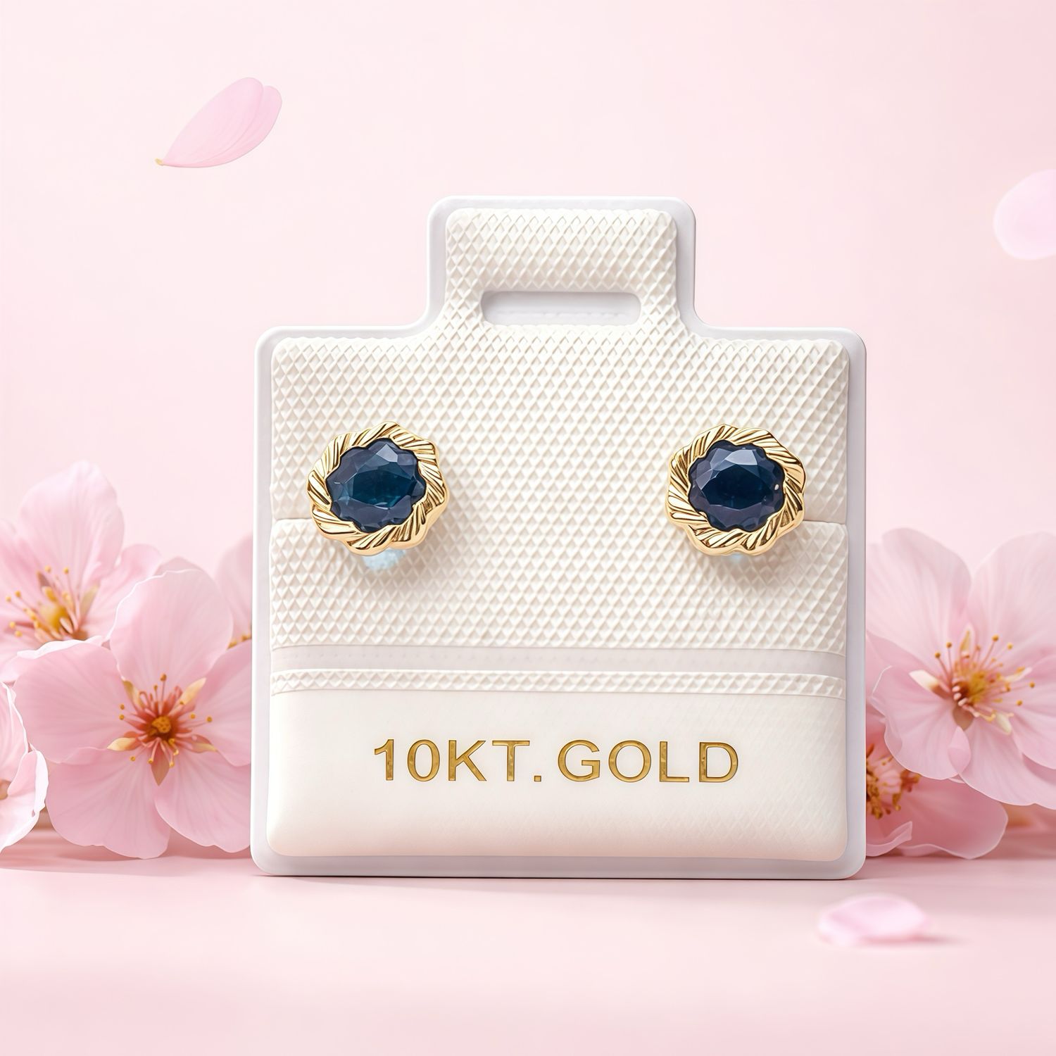 Broquel Flor Bisel Diamantado Navy 6.5MM  Oro 10K