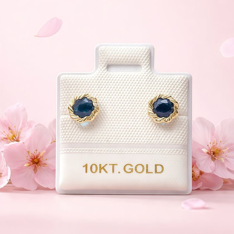 Broquel Flor Bisel Diamantado Navy 6.5MM  Oro 10K