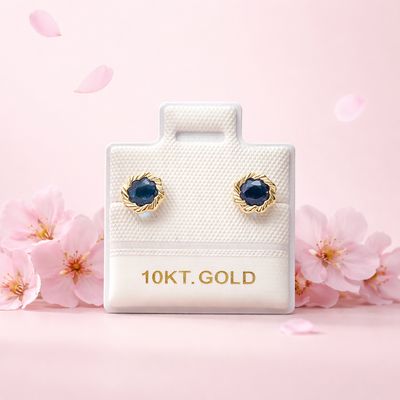 Broquel Flor Bisel Diamantado Navy 6.5MM  Oro 10K