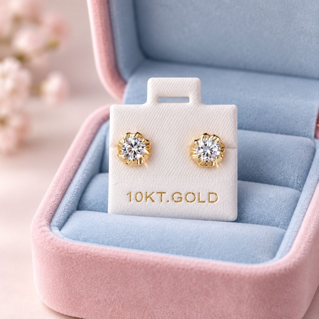 Broquel Flor Bisel Diamantado Blanco 6.5MM Blanco  Oro 10K