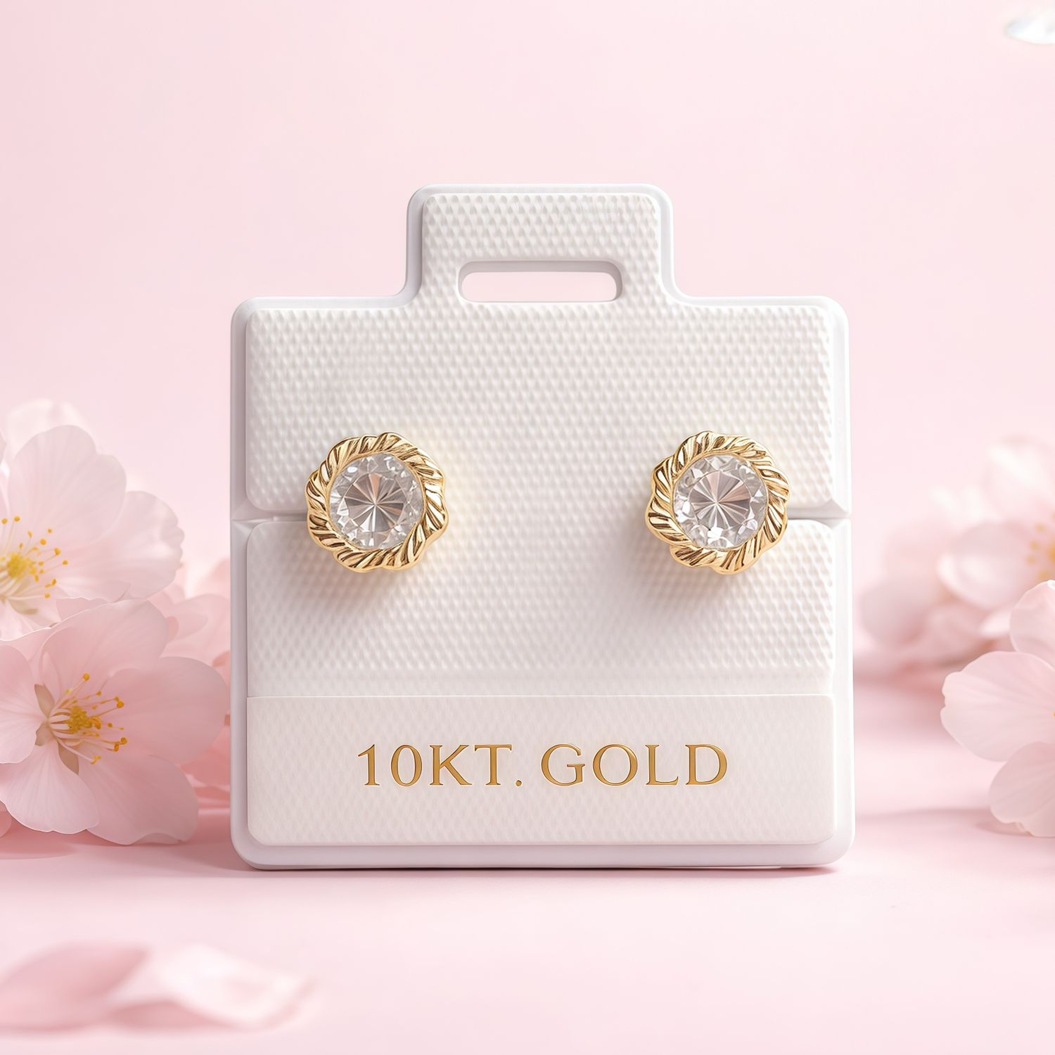 Broquel Flor Bisel Diamantado Blanco 5MM Blanco  Oro 10K