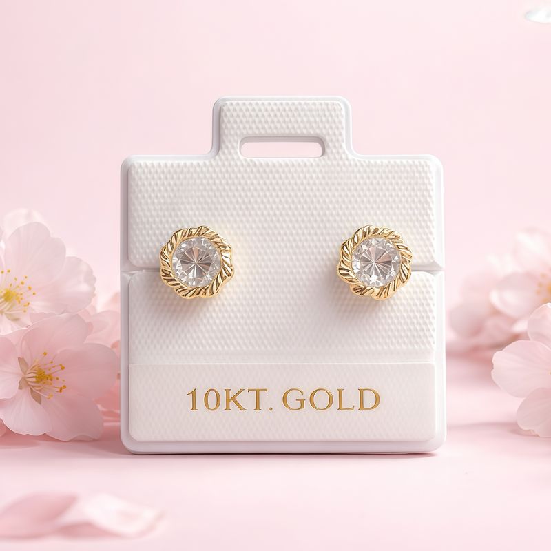 Broquel Flor Bisel Diamantado Blanco 5MM Blanco  Oro 10K