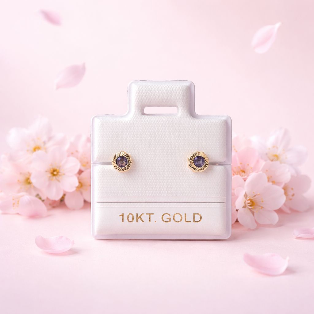 Broquel Flor Bisel Diamantado 3mm Morado Oro 10K