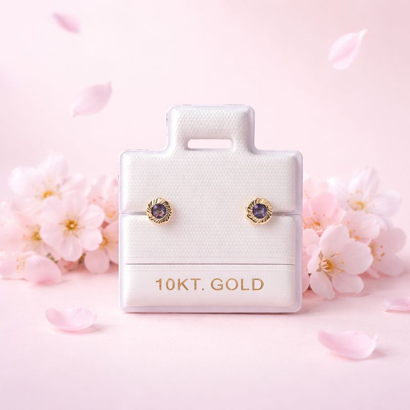 Broquel Flor Bisel Diamantado 3mm Morado Oro 10K