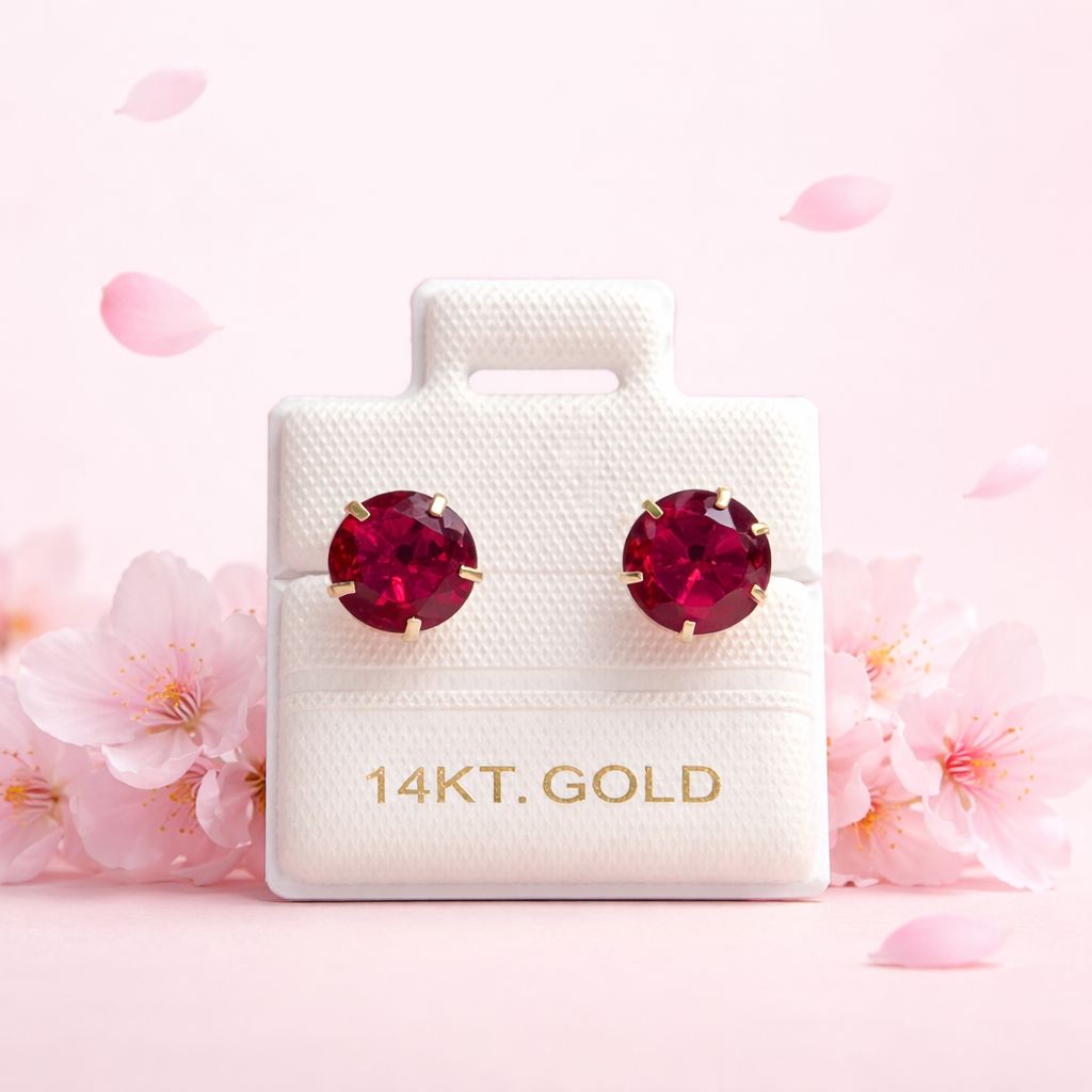 Broquel Cubico Recto 7MM broche de bolita Rojo ORO 14K