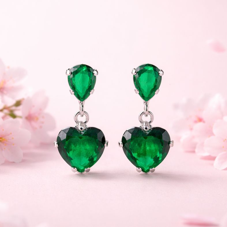 Arete Colgante Corazon 8mm 2cm de largo, Verde Broche de mariposa Plata 925 MX