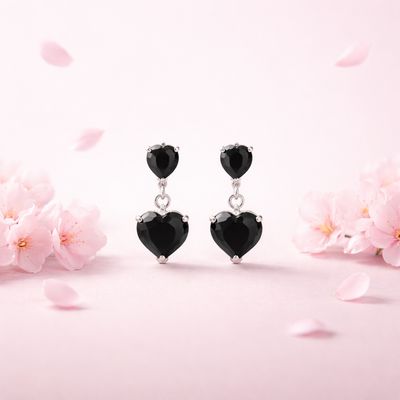 Arete Colgante Corazon 8mm 2cm de largo, Negro Broche de mariposa Plata 925 MX