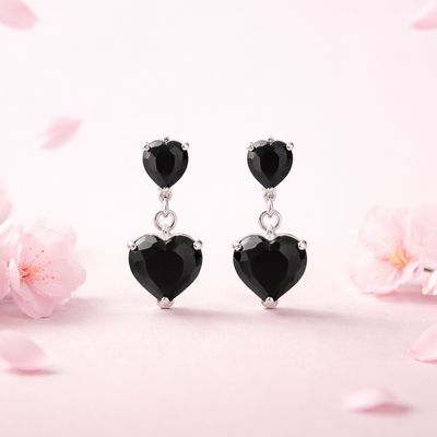 Arete Colgante Corazon 8mm 2cm de largo, Negro Broche de mariposa Plata 925 MX