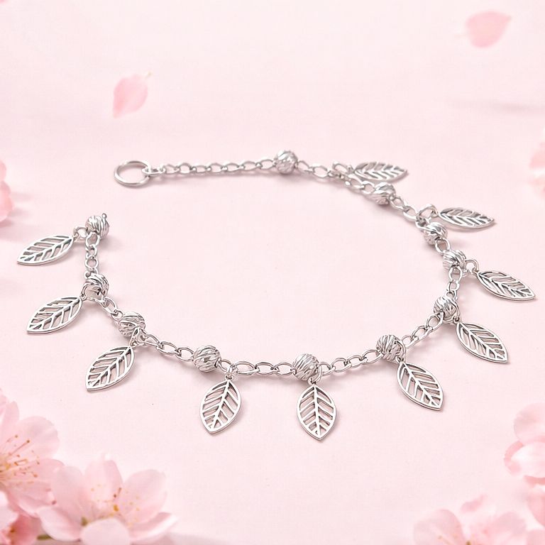 Tobillera Hojas Fancy mide 9.5” Plata 925 Mexicana 