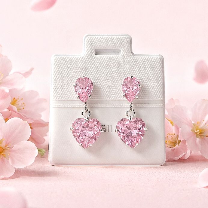 Arete Colgante Corazon 8mm 2cm de largo, Rosa  Broche de mariposa Plata 925 MX