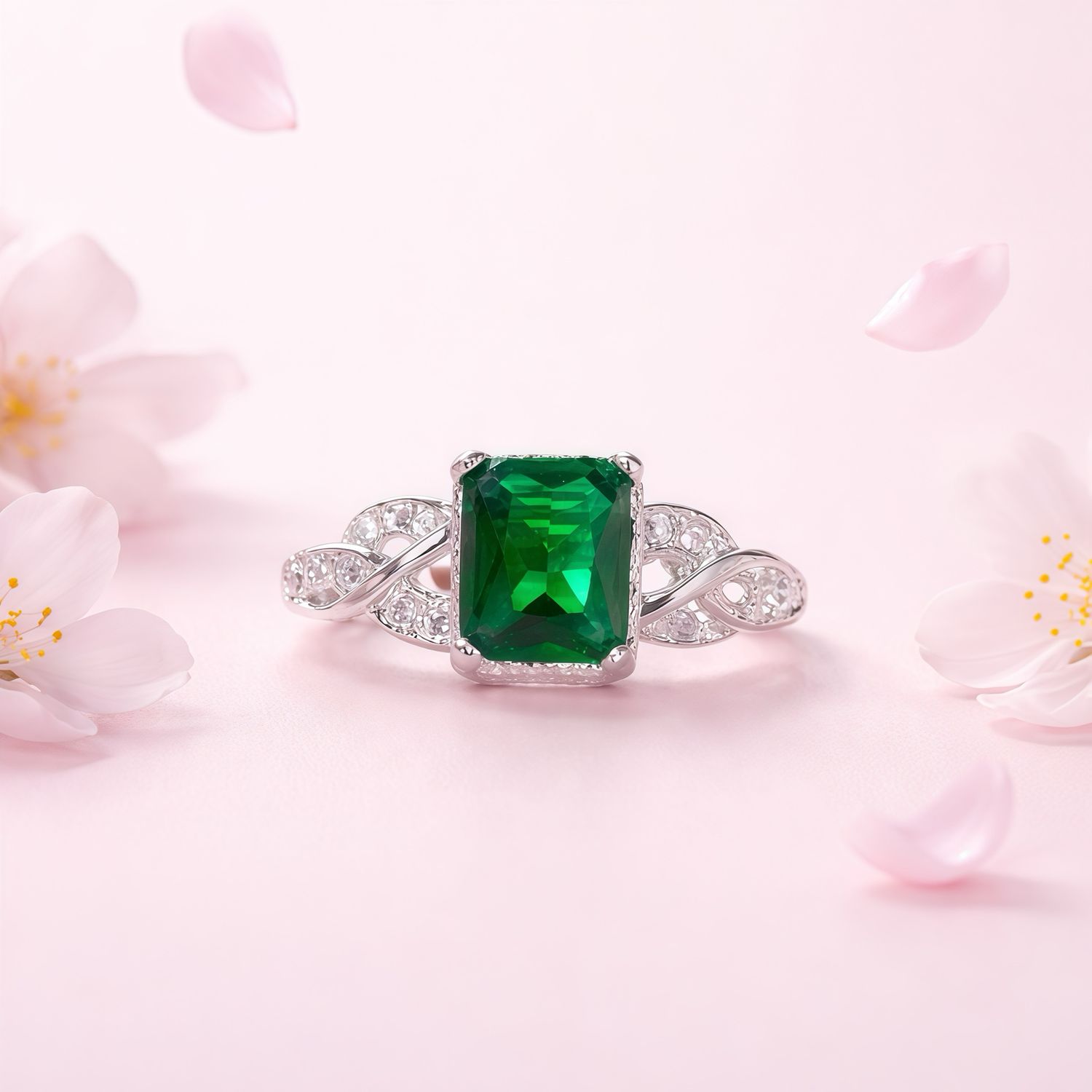 Anillo Infinito Corte Princesa 10mm, Color Esmeralda Plata 925 MX