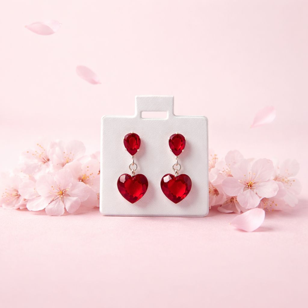 Arete Colgante Corazon 8mm 2cm de largo, Rojo  Broche de mariposa Plata 925 MX