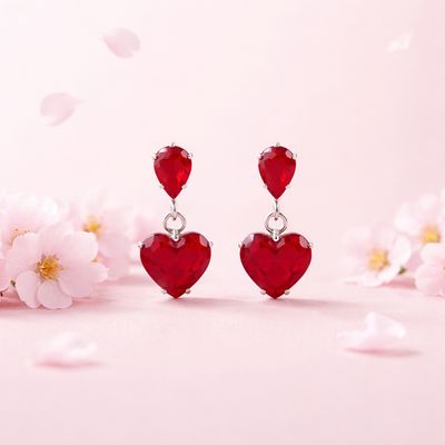 Arete Colgante Corazon 8mm 2cm de largo, Rojo  Broche de mariposa Plata 925 MX