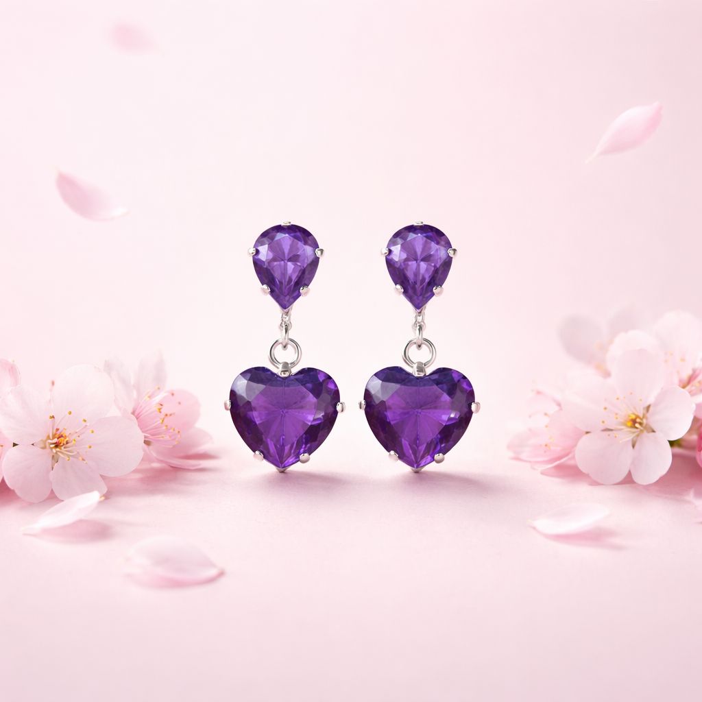 Arete Colgante Corazon 8mm 2cm de largo, Morado  Broche de mariposa Plata 925 MX