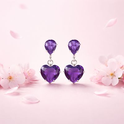 Arete Colgante Corazon 8mm 2cm de largo, Morado  Broche de mariposa Plata 925 MX
