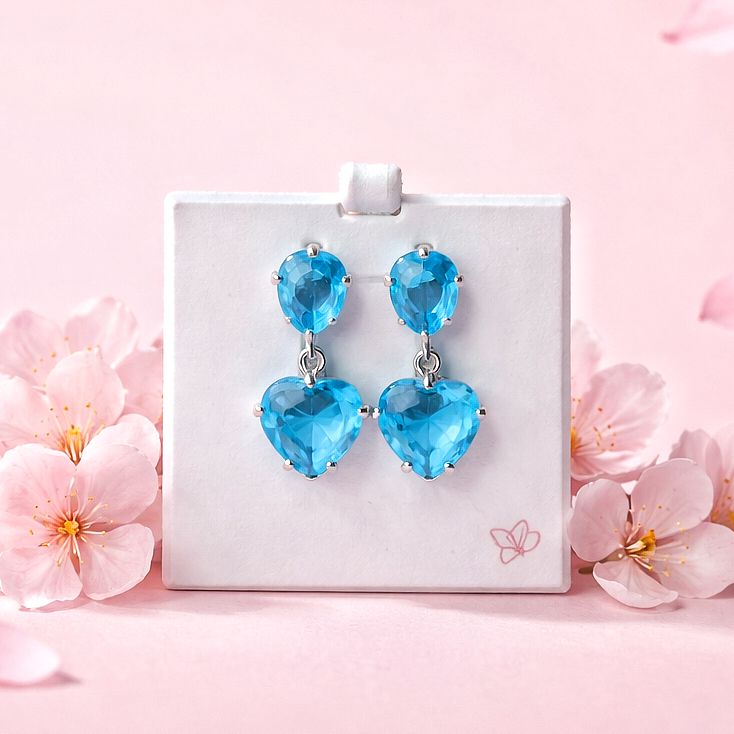 Arete Colgante Corazon 8mm 2cm de largo, Azul Broche de mariposa Plata 925 MX