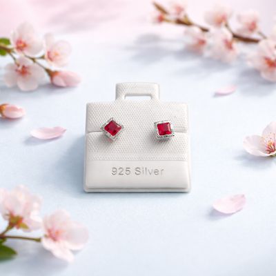 Broquel Bisel Cuadro 5mm Rojo Plata 925 MX