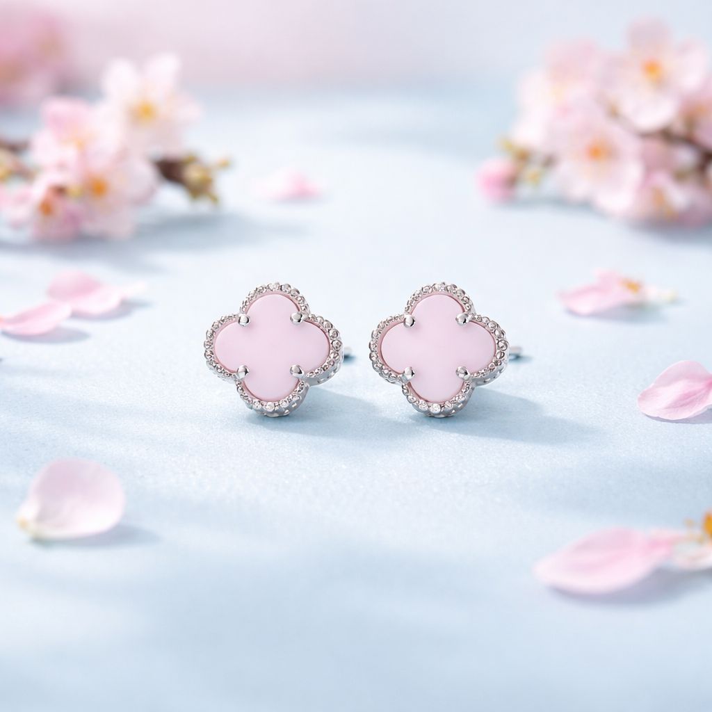 arete Premium Trébol Rosa con Rodio plata 925 Italiano