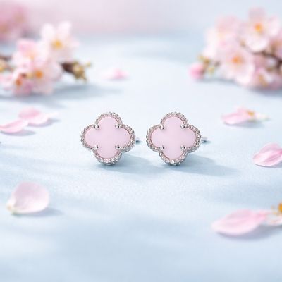 arete Premium Trébol Rosa con Rodio plata 925 Italiano