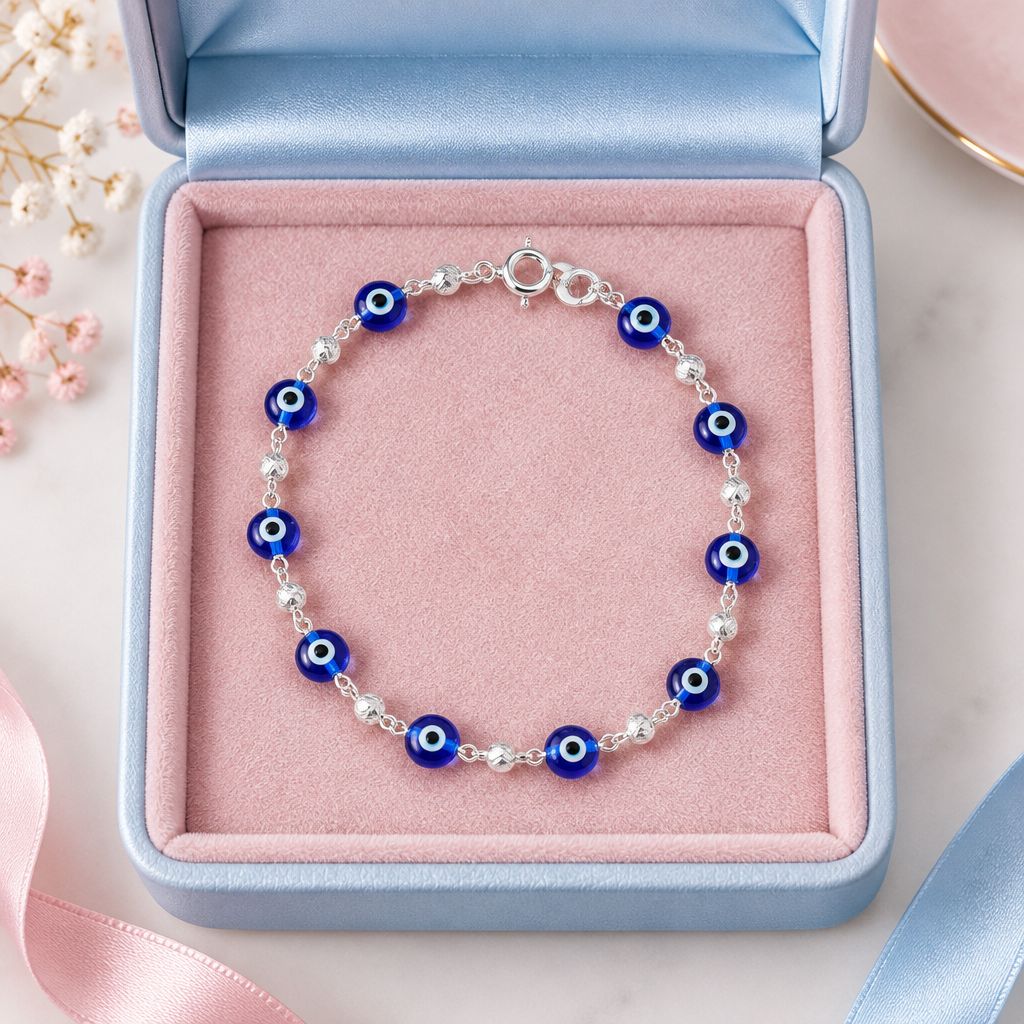 Pulsera Cristal Murano Ojitos Azul Plata 925 MX mide 7”