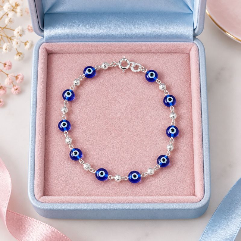 Pulsera Cristal Murano Ojitos Azul Plata 925 MX mide 7”