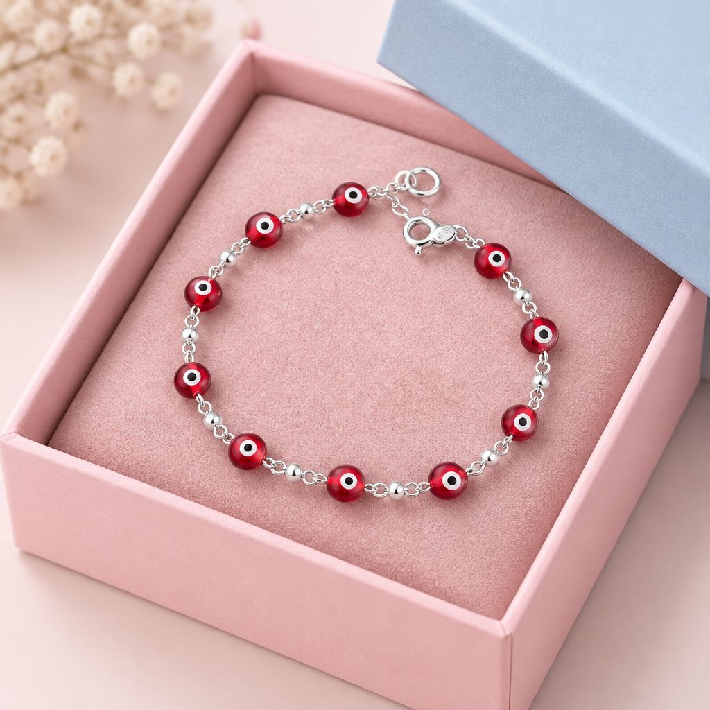 Pulsera Cristal Murano Ojitos Rojos Plata 925 MX mide 7”