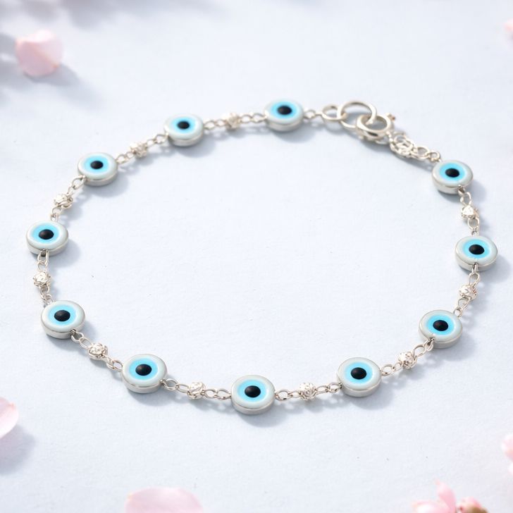 Pulsera Cristal Murano Ojitos Blancos Plata 925 MX mide 7”