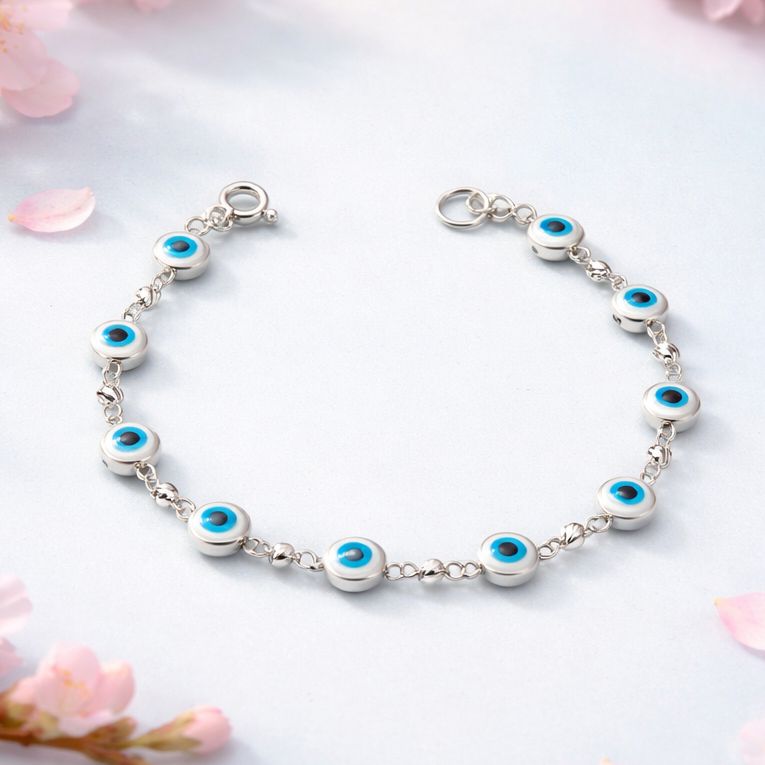 Pulsera Cristal Murano Ojitos Blancos Plata 925 MX mide 7”